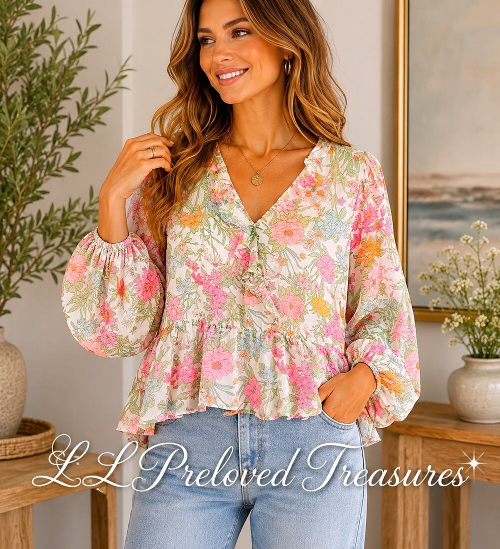 Vince Camuto Floral Peplum Blouse Women’s Large Romantic Cottagecore Boho Top